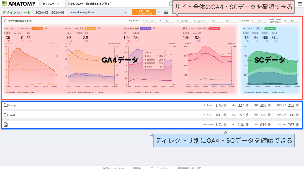 Webサイト分析ツール「アナトミー」のドメインレポート画面