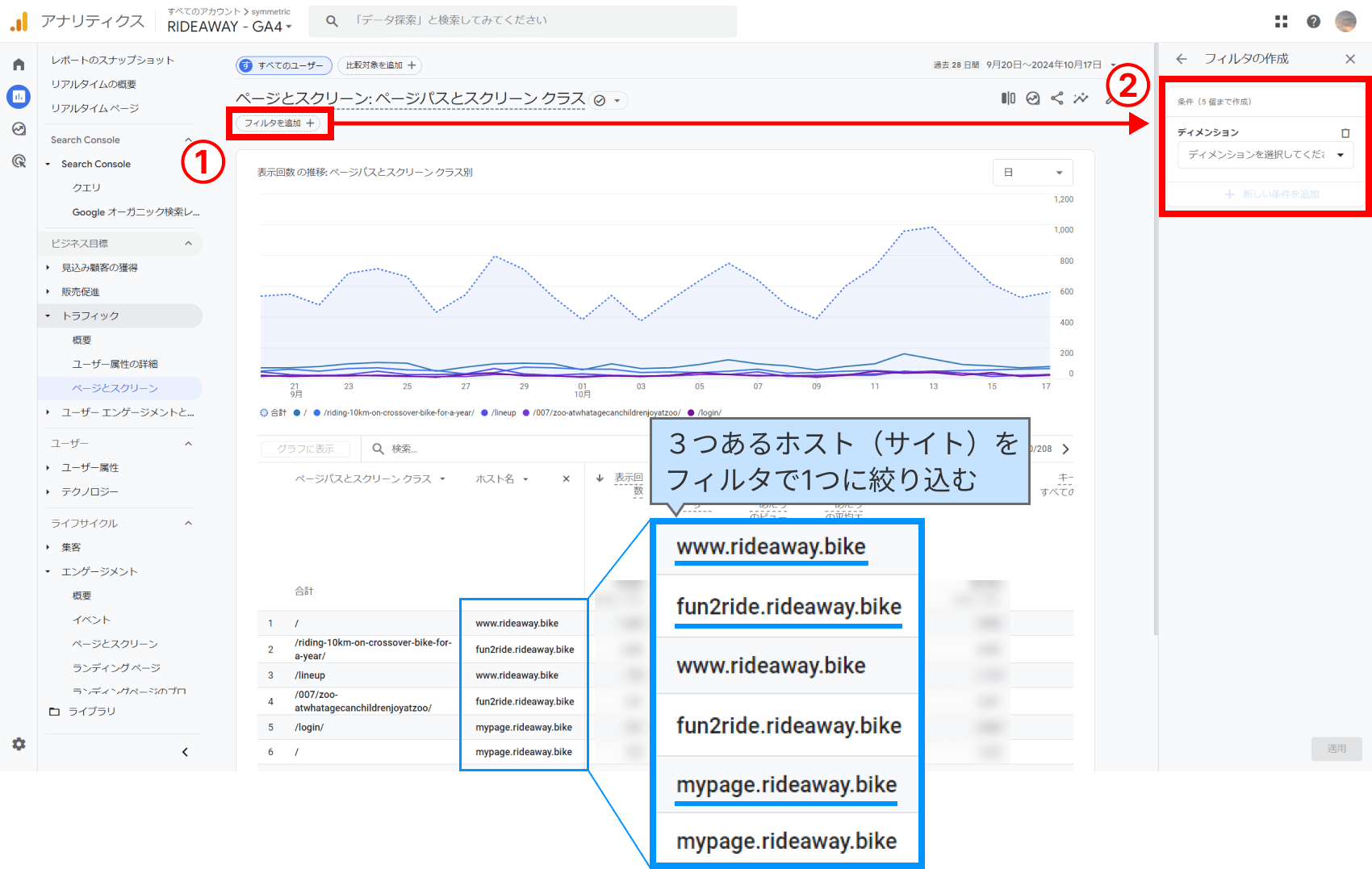 GA4の標準レポート内の詳細レポート画面でフィルタを設定する