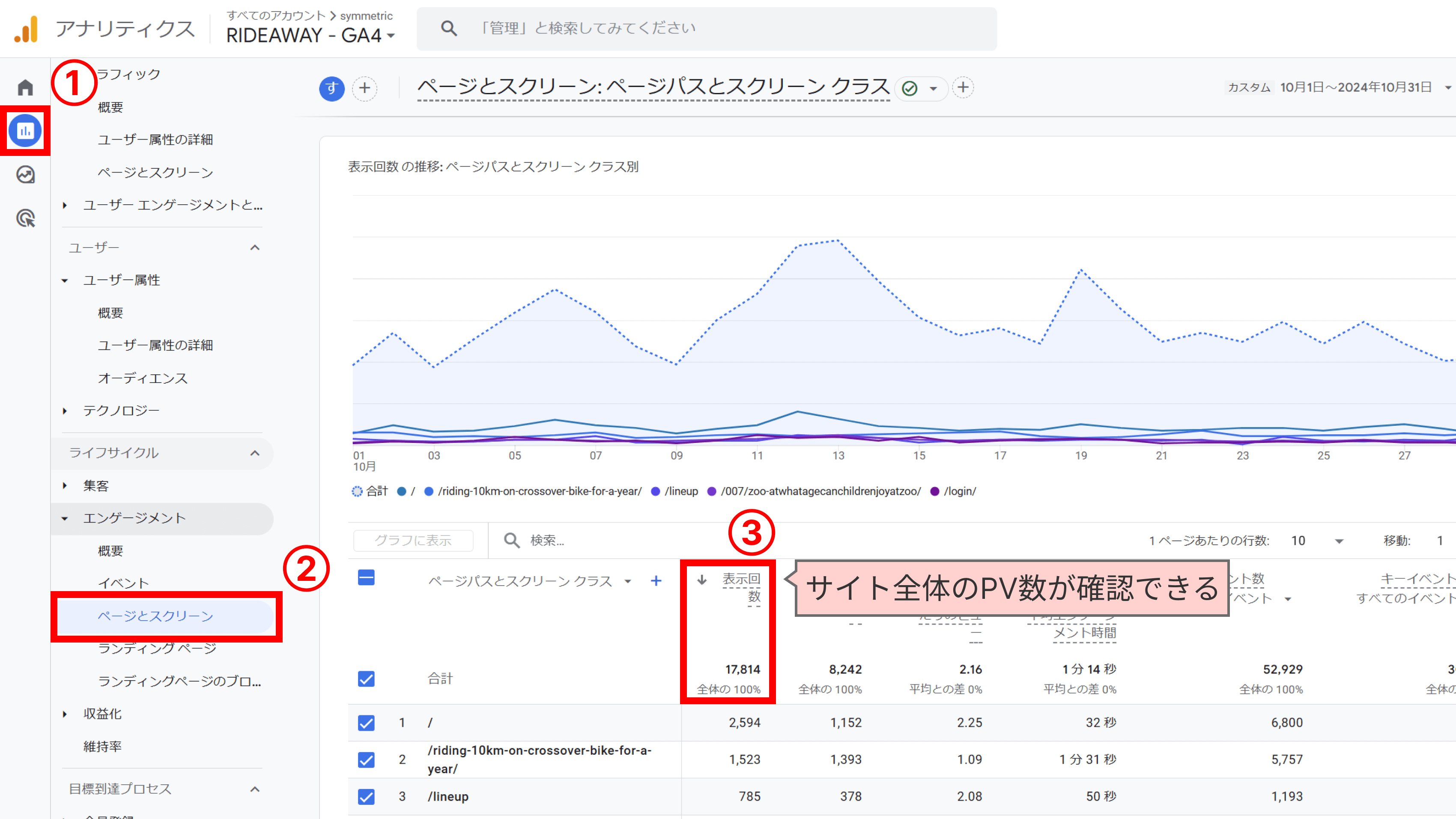 レポートのページとスクリーンレポートでサイト全体のPV数を確認する