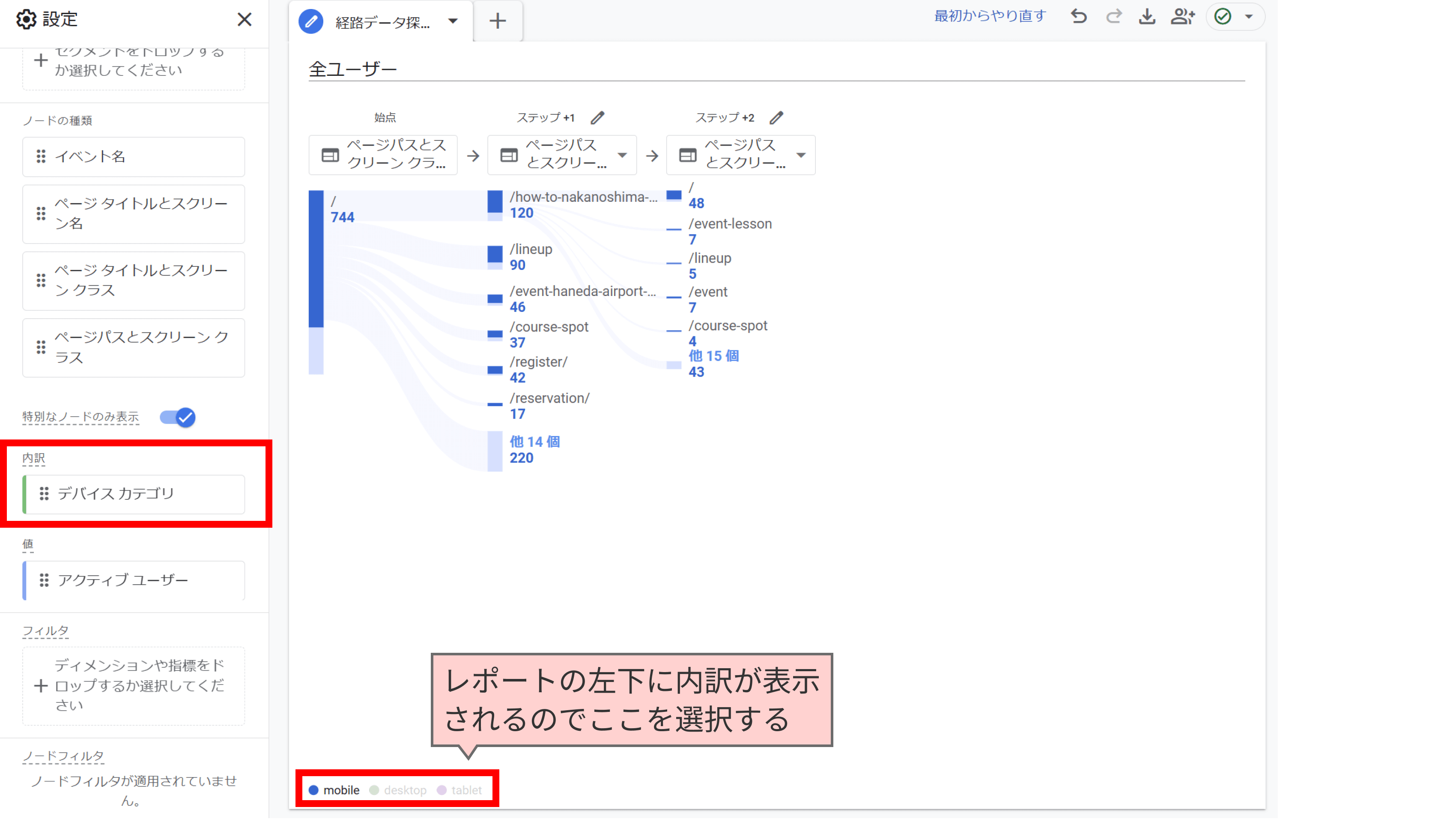 設定内にある内訳にデバイスカテゴリなどのディメンションを設定することで計測データの内訳を確認できる