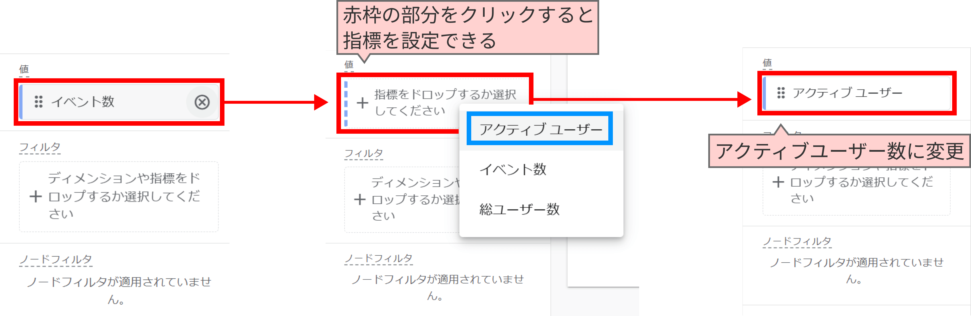 設定の値部分に設定されている「イベント数」を削除し、「アクティブユーザー数」を設定する