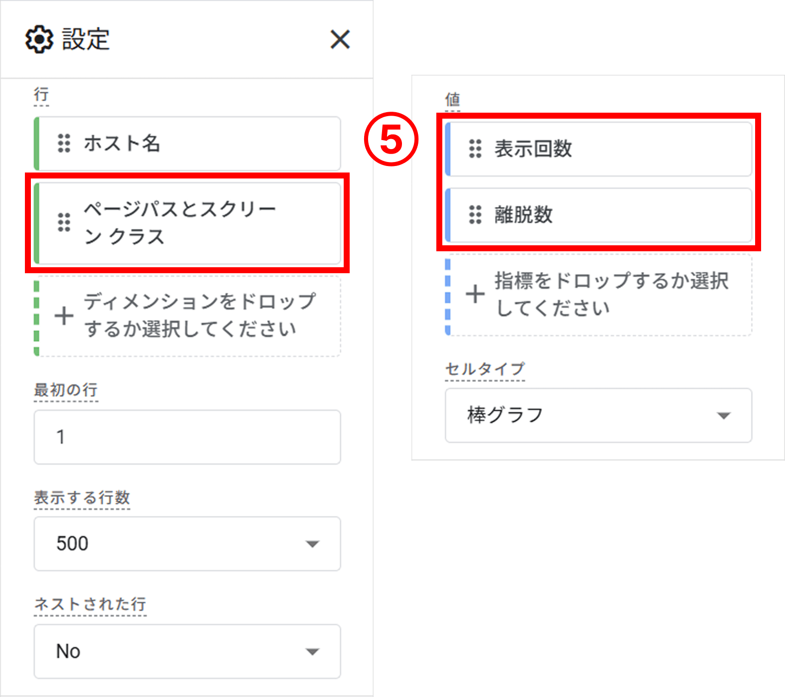 行にページ パスとスクリーン クラス
値に表示回数と離脱数を追加